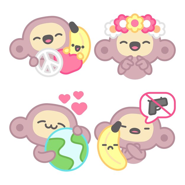 Colección de pegatinas de paz y amor con mono y plátano