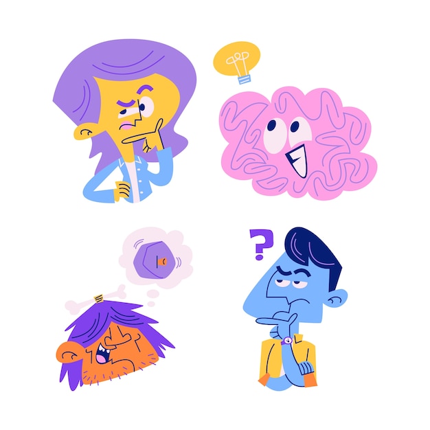 Colección de pegatinas de pensamiento de dibujos animados retro