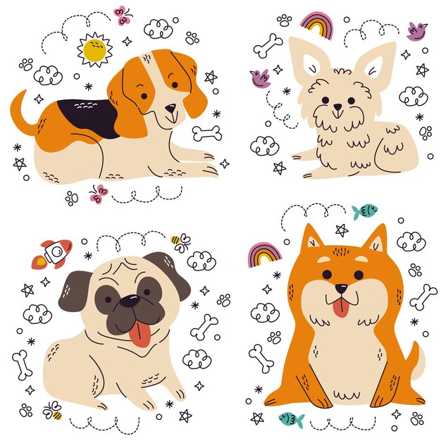 Colección de pegatinas de perros dibujadas a mano de garabatos