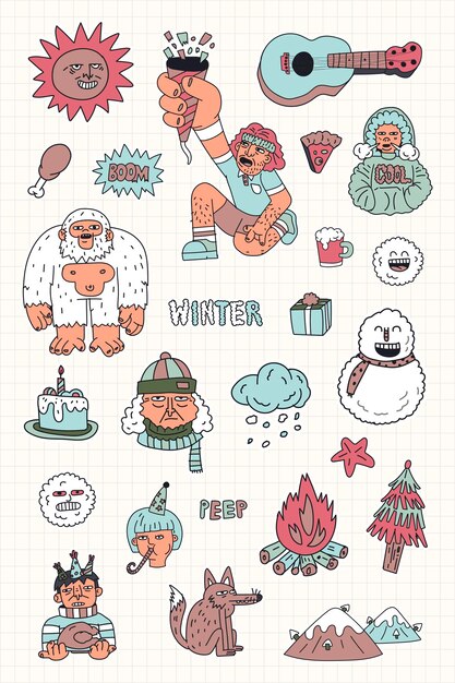 Colección de pegatinas de personajes de invierno dibujados a mano