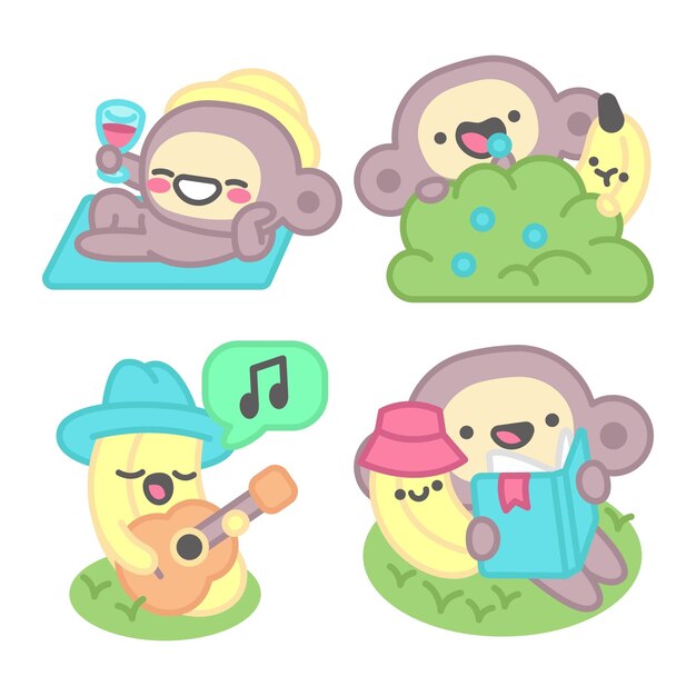 Colección de pegatinas de picnic con mono y plátano