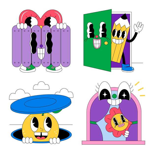 Colección de pegatinas planas de ácido asomando