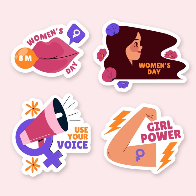 Colección de pegatinas planas para la celebración del Día Internacional de la Mujer