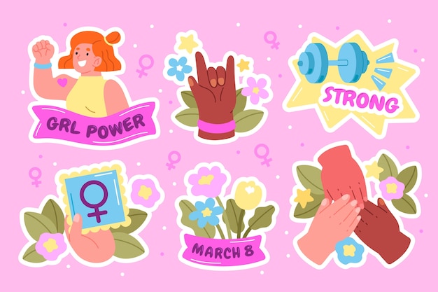 Vector gratuito colección de pegatinas planas para la celebración del día internacional de la mujer.