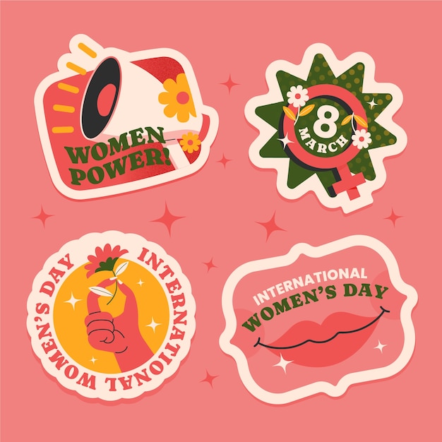 Colección de pegatinas planas para la celebración del Día Internacional de la Mujer.