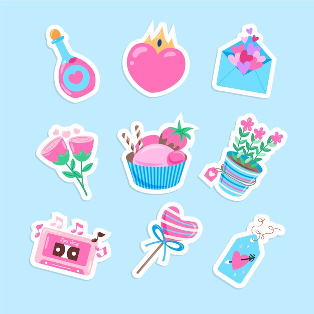 Colección de pegatinas planas para la celebración del día de San Valentín