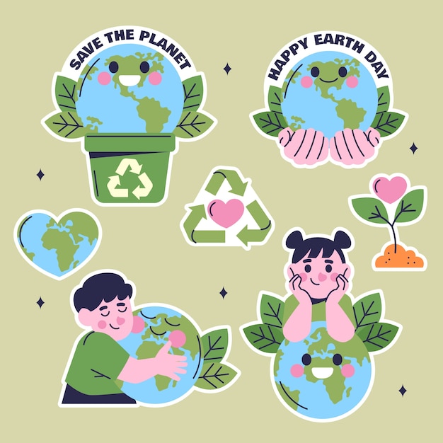 Colección de pegatinas planas para la celebración del día de la tierra