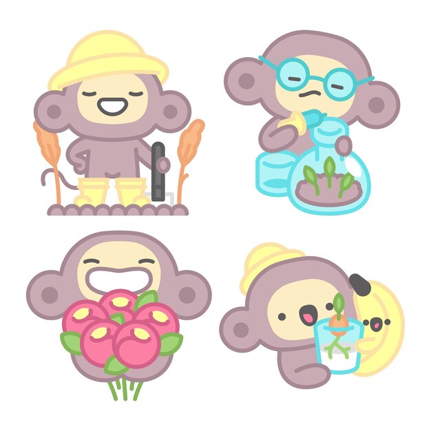 Colección de pegatinas de plantas y flores con mono y plátano