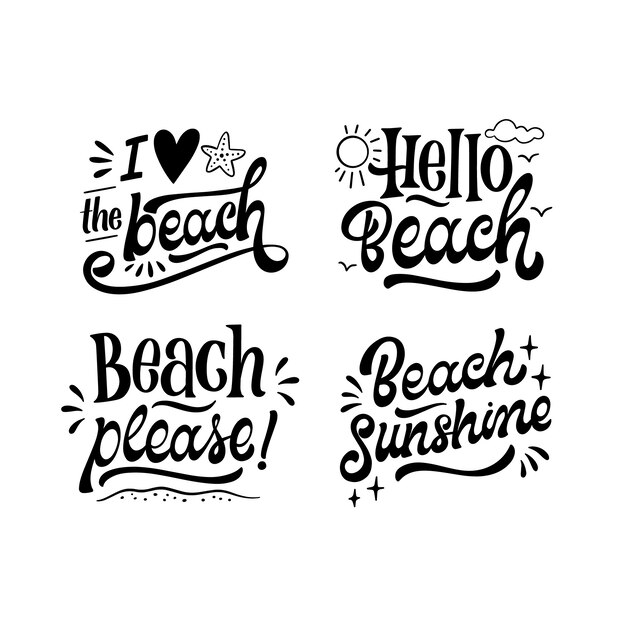 Colección de pegatinas de playa con letras monocromáticas