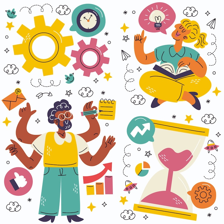 Vector gratuito colección de pegatinas de productividad de doodle
