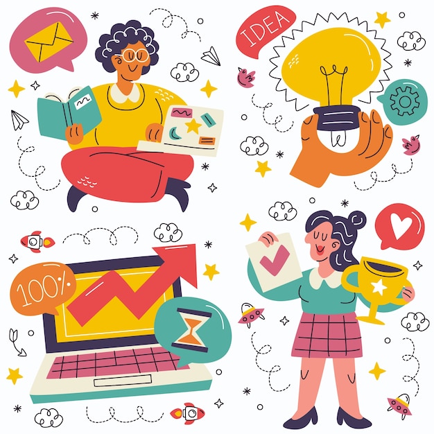 Colección de pegatinas de productividad de Doodle