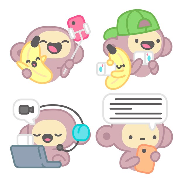 Colección de pegatinas de redes sociales con mono y plátano.