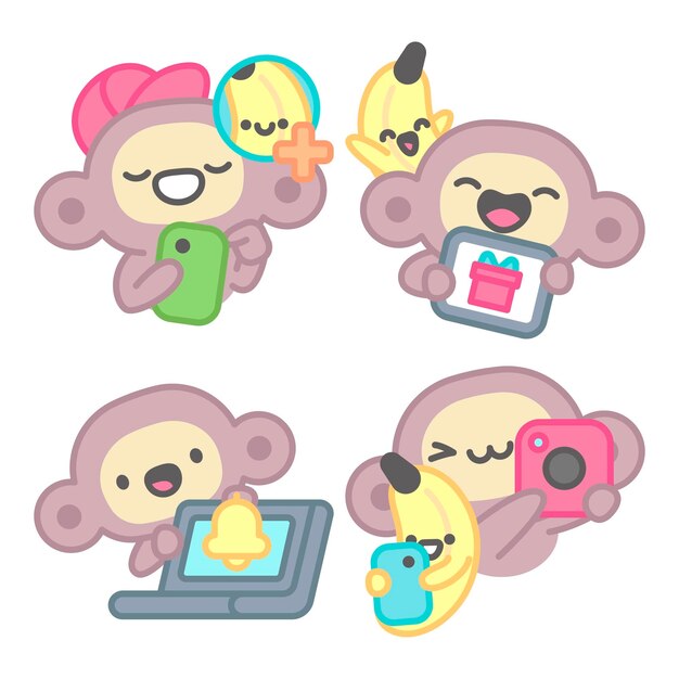 Colección de pegatinas de redes sociales con mono y plátano.