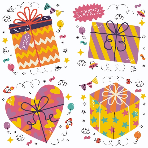 Vector gratuito colección de pegatinas de regalos de doodle