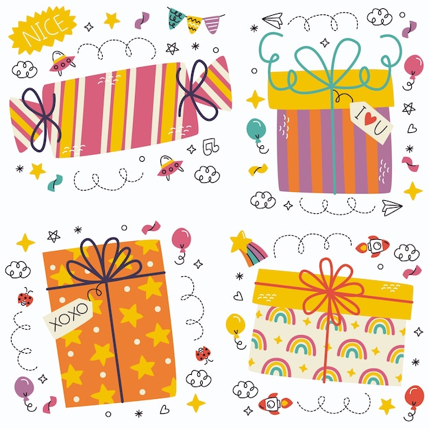 Vector gratuito colección de pegatinas de regalos de doodle