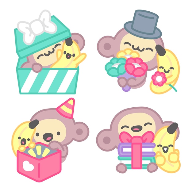 Colección de pegatinas de regalos con mono y plátano.