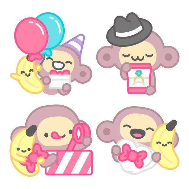 Colección de pegatinas de regalos con mono y plátano.