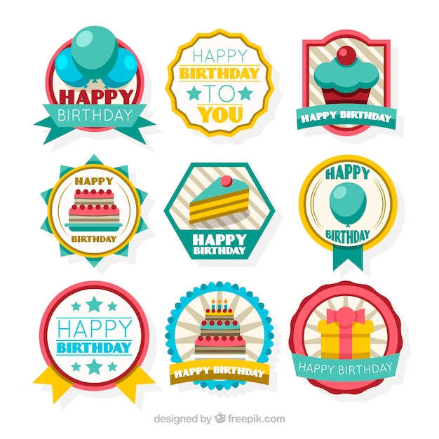 Colección de pegatinas retro de cumpleaños en diseño plano 