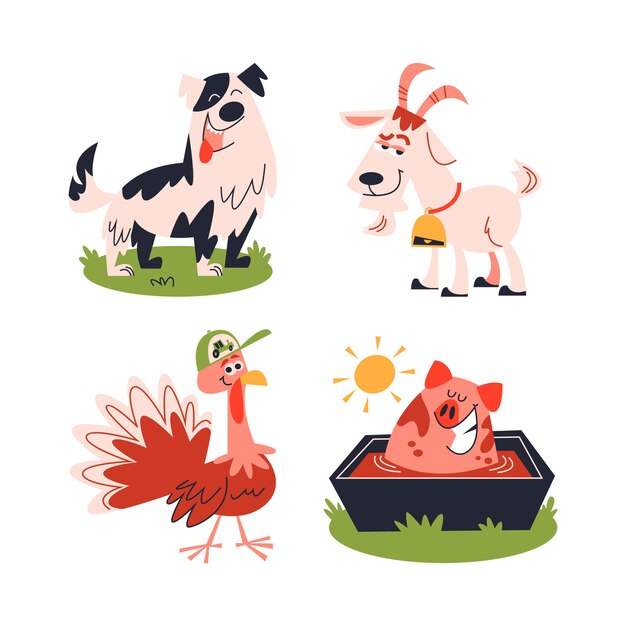 Colección de pegatinas retro de dibujos animados de animales de granja
