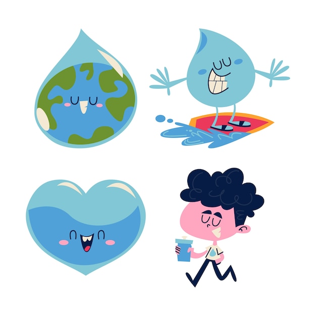 Vector gratuito colección de pegatinas retro de dibujos animados del día mundial del agua.