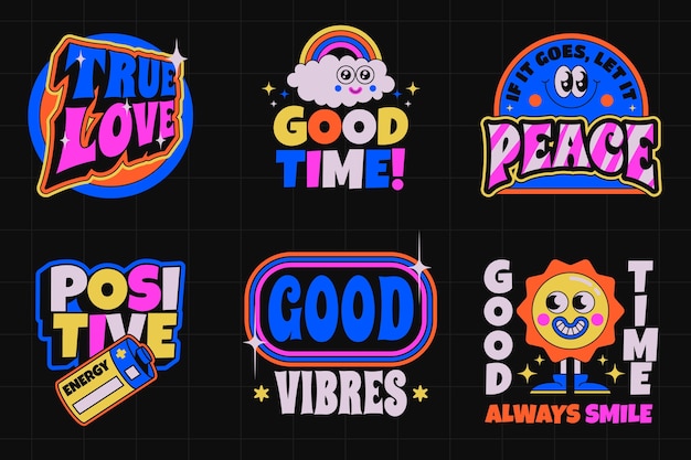 Colección de pegatinas retro en diseño plano