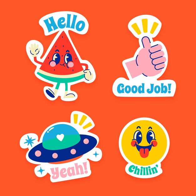 Colección de pegatinas retro en diseño plano