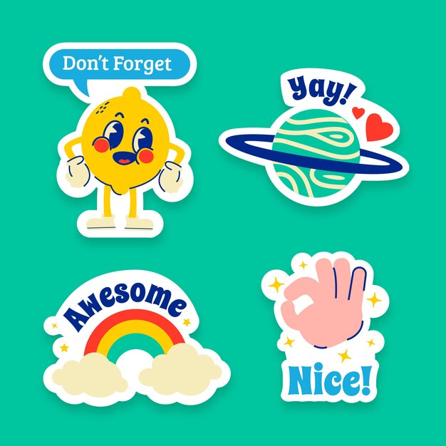 Colección de pegatinas retro en diseño plano