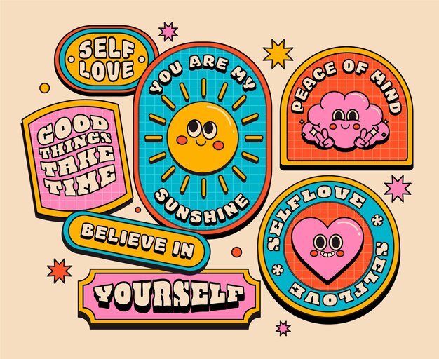 Colección de pegatinas retro en diseño plano