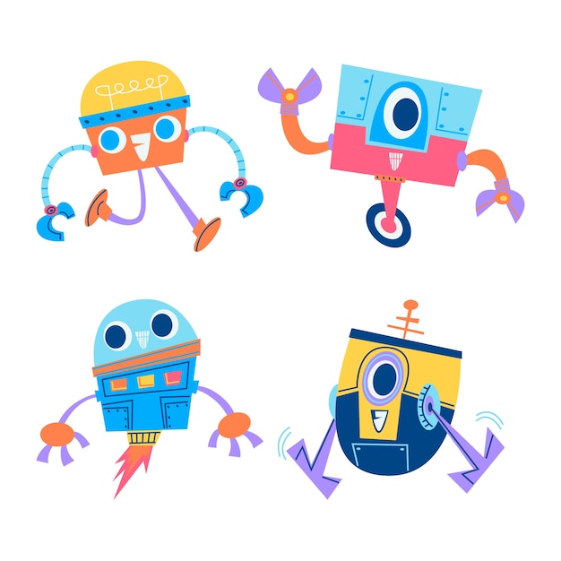 Vector gratuito colección de pegatinas de robots de dibujos animados retro