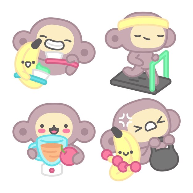 Colección de pegatinas de salud con mono y plátano.
