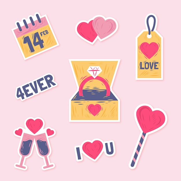 Vector gratuito colección de pegatinas de san valentín dibujadas a mano