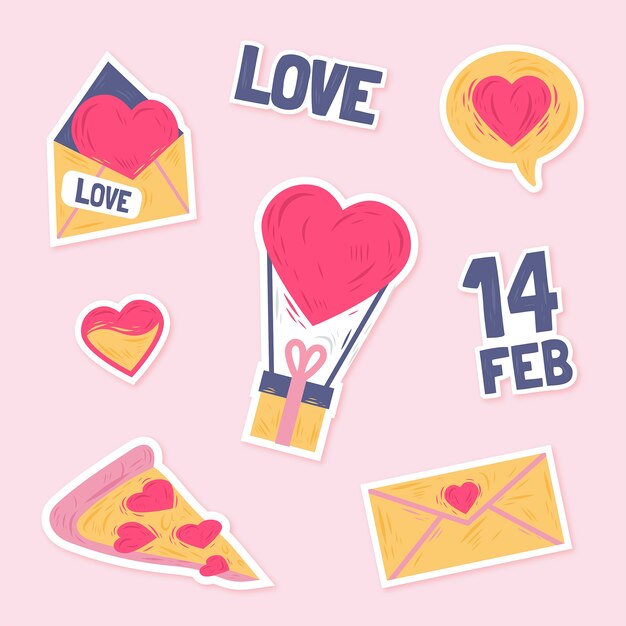 Vector gratuito colección de pegatinas de san valentín dibujadas a mano