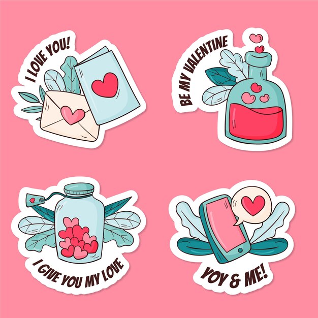 Colección de pegatinas de san valentín dibujadas a mano