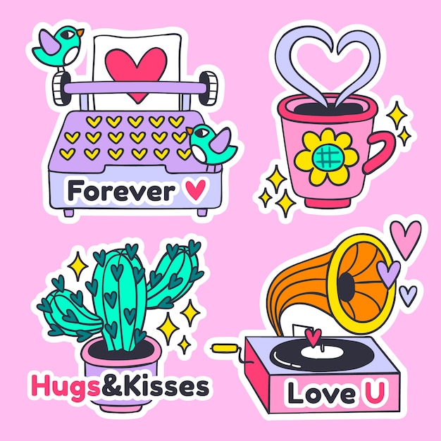 Vector gratuito colección de pegatinas de san valentín dibujadas a mano