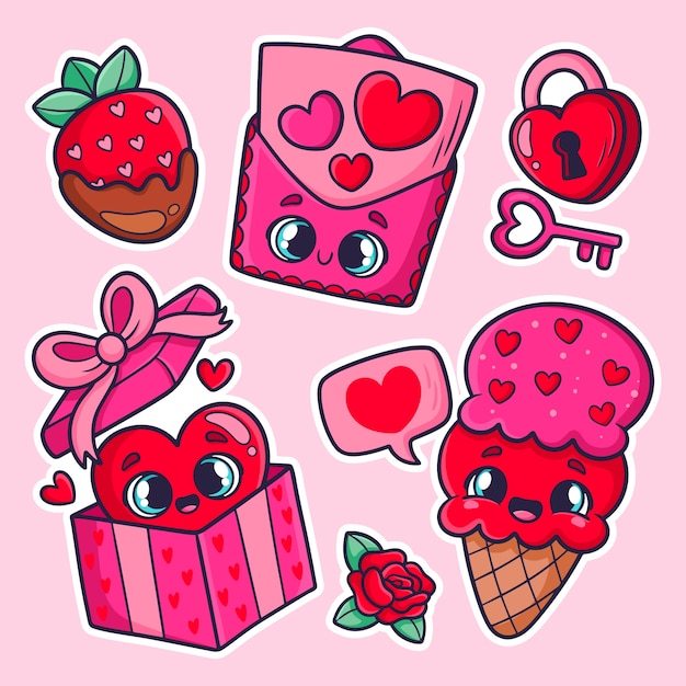 Colección de pegatinas de san valentín dibujadas a mano