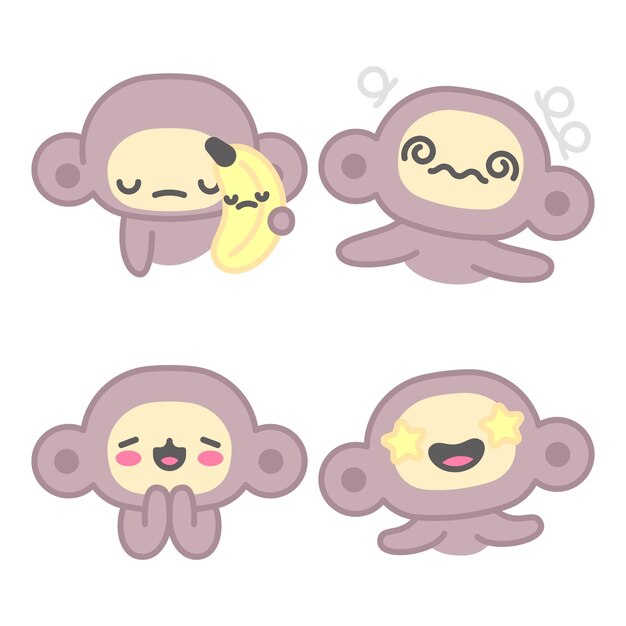 Colección de pegatinas de sentimientos y emociones con mono y plátano