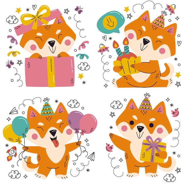 Vector gratuito colección de pegatinas de shiba inu doodle dibujadas a mano