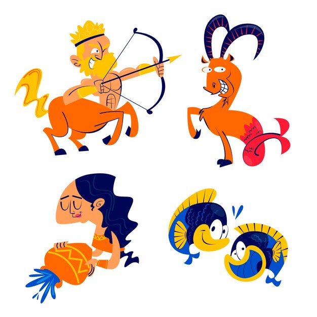 Colección de pegatinas de signos astrológicos de dibujos animados retro