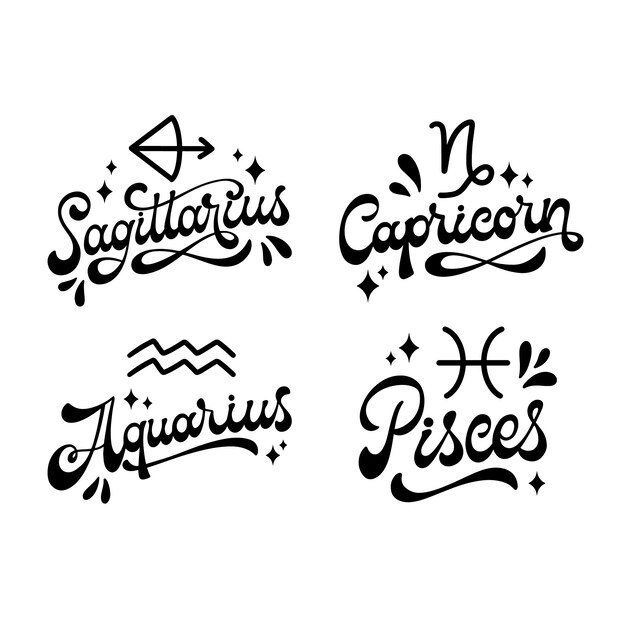 Colección de pegatinas de signos del zodíaco de letras