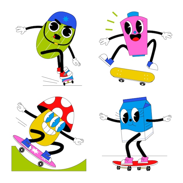 Vector gratuito colección de pegatinas de skate ácido