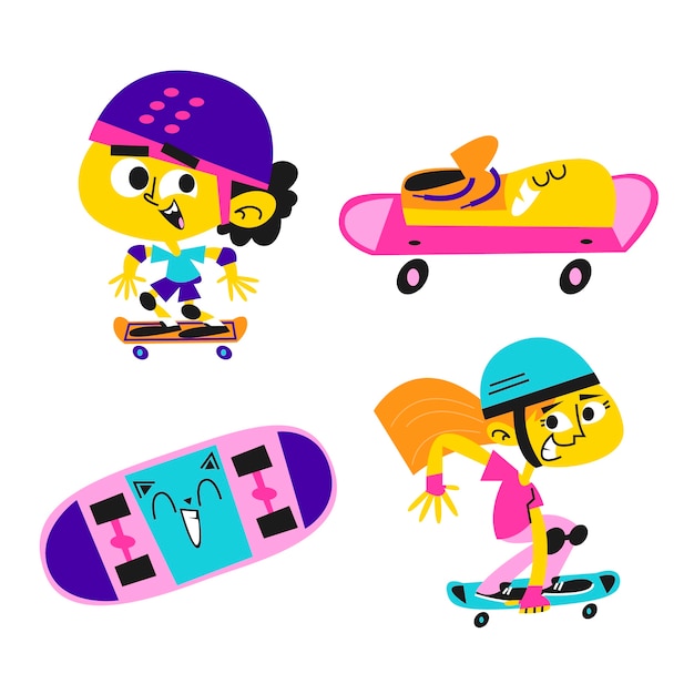 Vector gratuito colección de pegatinas de skate de dibujos animados retro