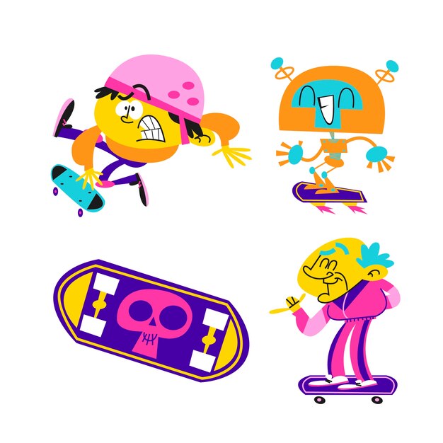 Colección de pegatinas de skate de dibujos animados retro