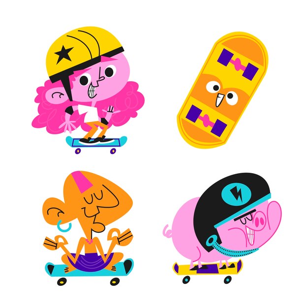 Colección de pegatinas de skate de dibujos animados retro