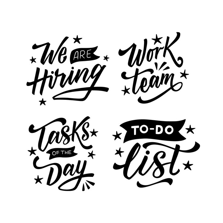 Vector gratuito colección de pegatinas de trabajo de letras negras