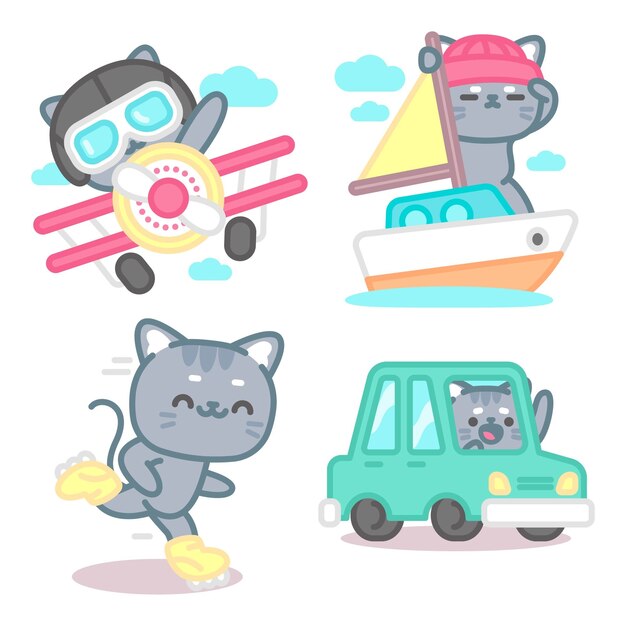 Colección de pegatinas de transporte con el gato tomomi