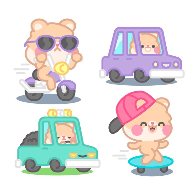 Colección de pegatinas de transporte con kimchi el hámster