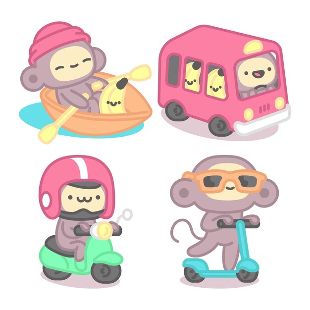 Colección de pegatinas de transportes con mono y plátano