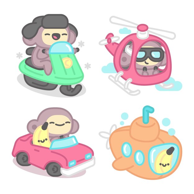 Colección de pegatinas de transportes con mono y plátano