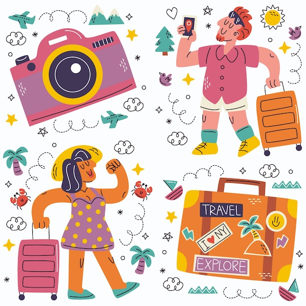 Colección de pegatinas de turismo de doodle
