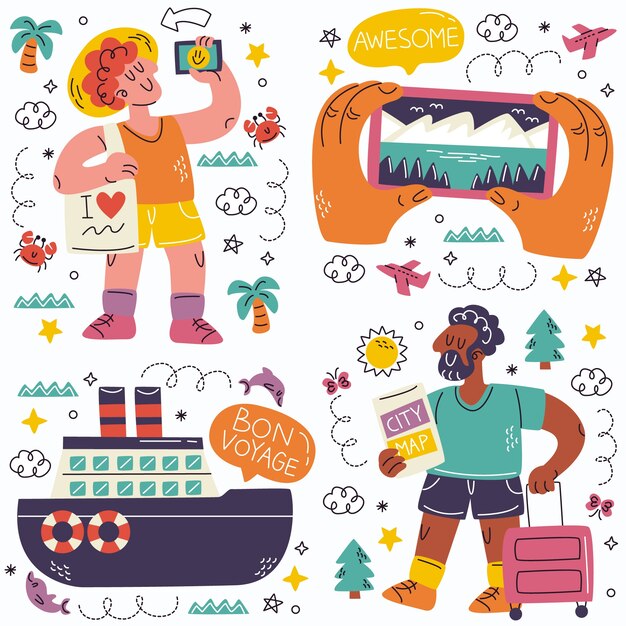 Colección de pegatinas de turismo de doodle